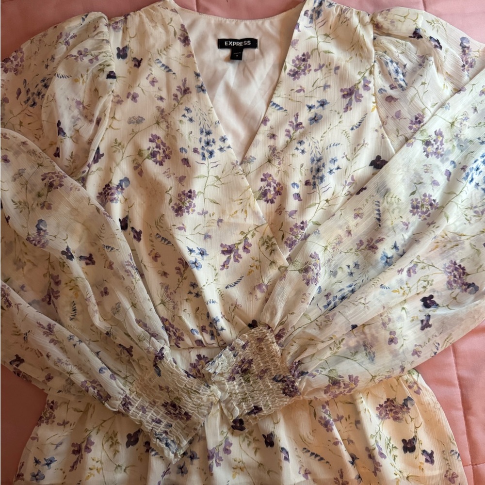 Express Sheer Floral Dress in Purple and Cream
